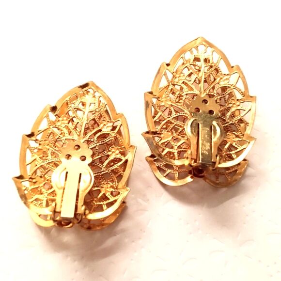 Vintage Judy Lee Gold Tone Filigree Leaf Clip On Statement Earrings - Picture 4 of 4